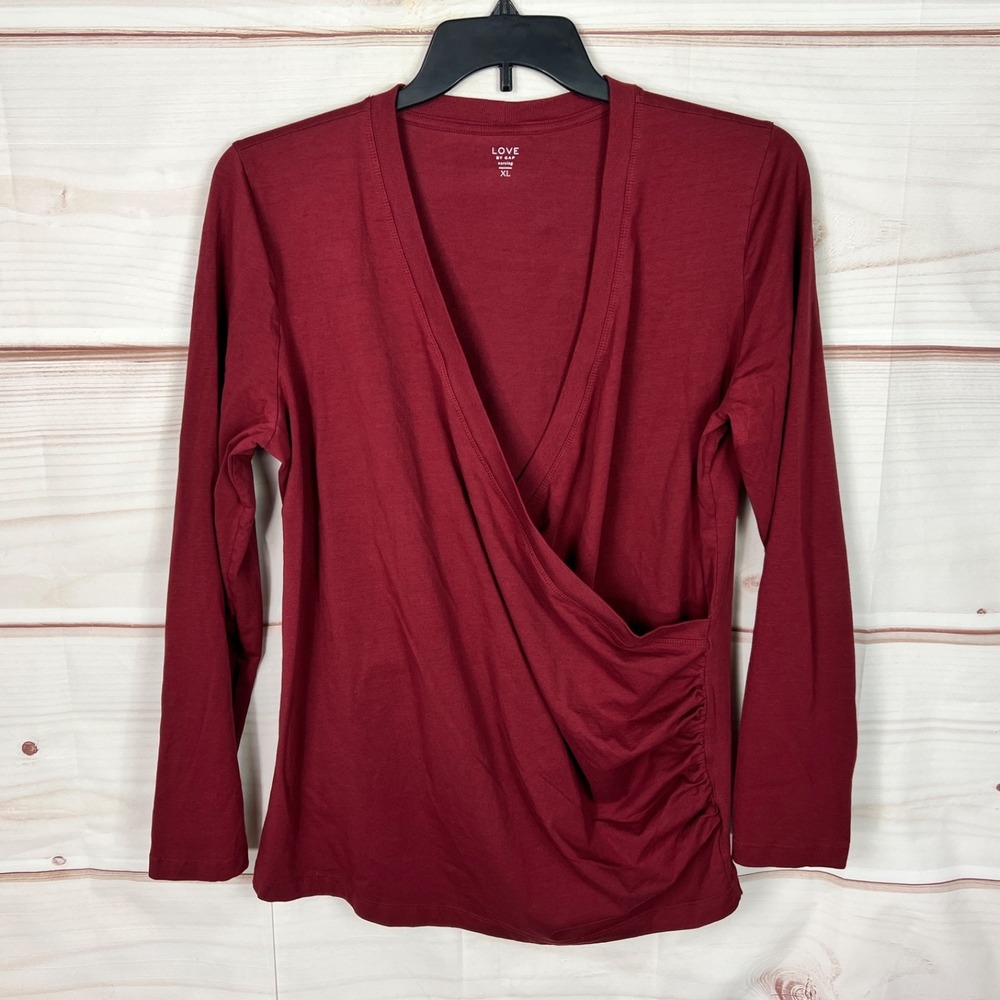 Love By Gap Top Womans XL Red Nursing T-Shirt Faux Wrap Long Sleeve Cotton Solid